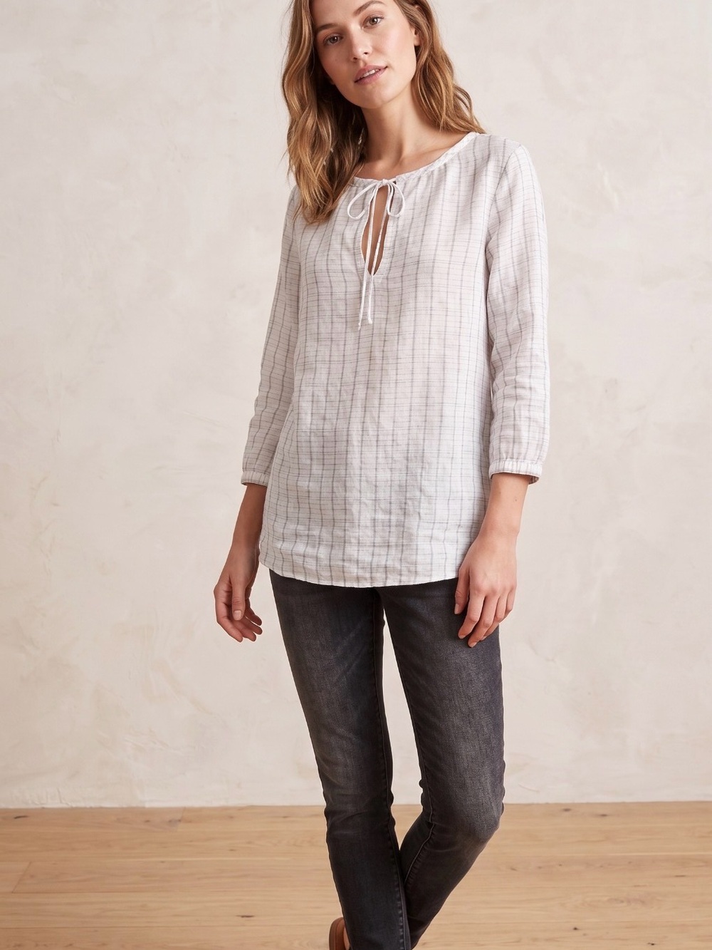 Eileen Fisher Linen Striped Tie-Neck Tunic Blouse Peasant Top Size Small